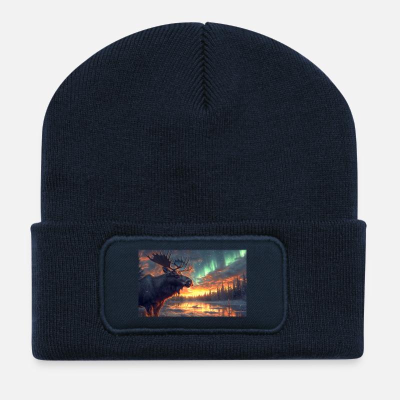 Elch unter Polarlichtern: Arktische Magie - Recycelte Patch Beanie - French Navy