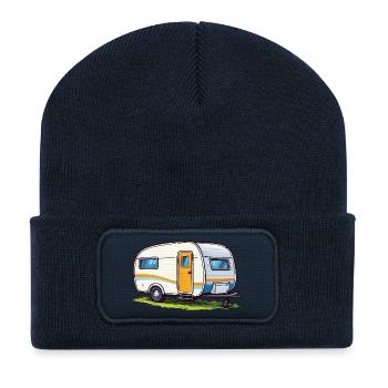 Retro Caravan Travel Illustration - Recycled Patch Beanie - french navy - Front
