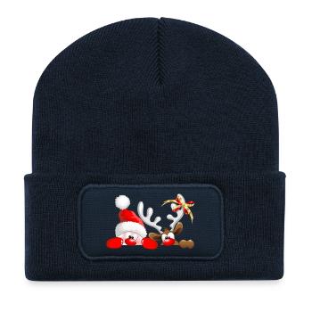 Funny Christmas Santa and Reindeer Peeking - Recycled Patch Beanie - french navy - Front