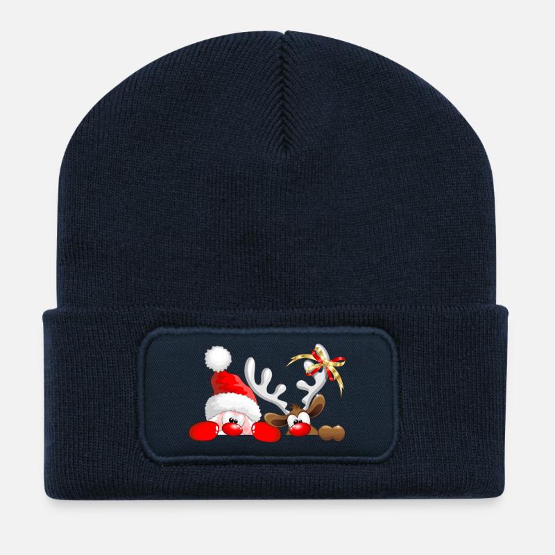 Père Noël drôle et rennes qui espionnent - Beanie recyclé à patch - bleu marine