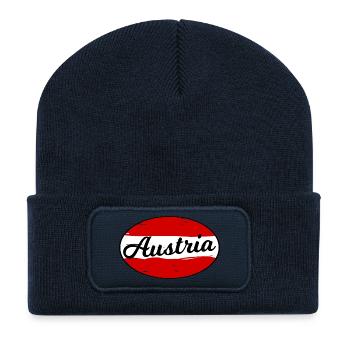 Logo d’écriture autrichienne sur fond rouge - Beanie recyclé à patch - bleu marine - Devant