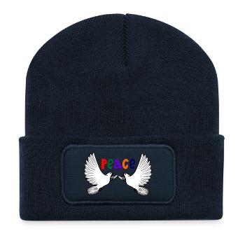 Zwei weiße Friedenstauben mit farbigem Text PEACE - Recycelte Patch Beanie - French Navy - Vorne