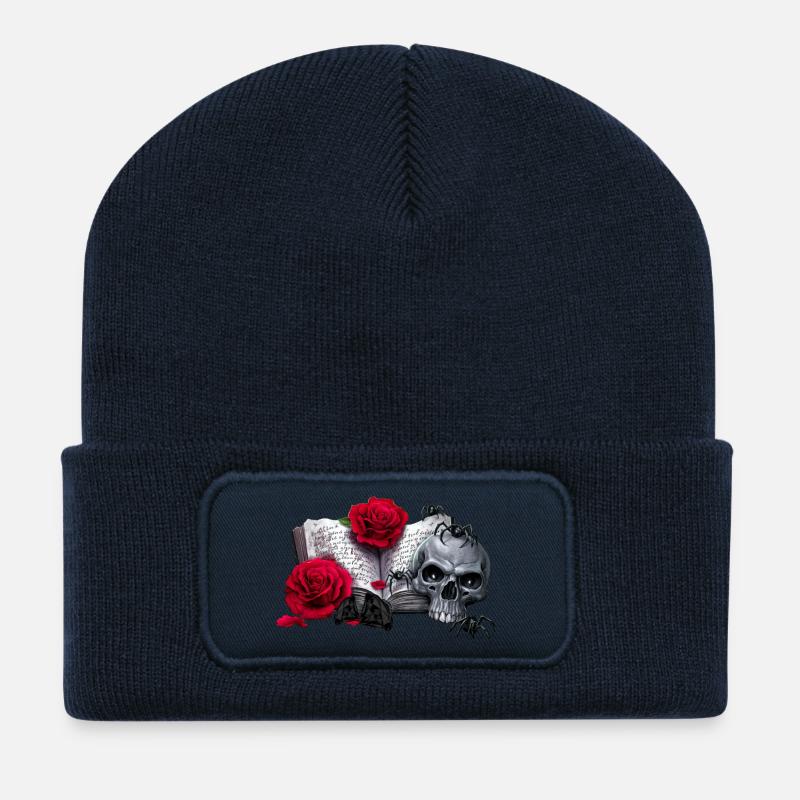 Gothic-Buch mit Rosenblüten, Menschenschädel - Recycelte Patch Beanie - French Navy