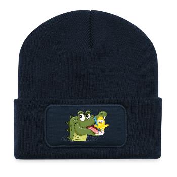 Krokodil und Vogel beim Zähneputzen –Lustige Tiere - Recycelte Patch Beanie - French Navy - Vorne