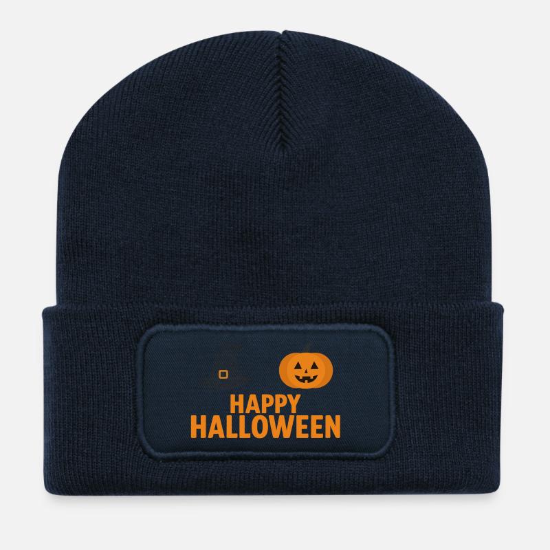 Halloween Pumpkin & Witch Hat Design - Recycled Patch Beanie - french navy