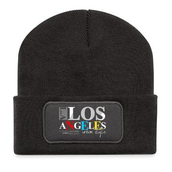 Skyline der Stadt mit buntem Text - Recycelte Patch Beanie - Dunkelgrau - Vorne