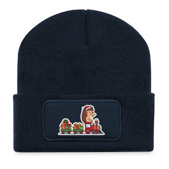 Train de hérissons de Noël avec des cadeaux - Beanie recyclé à patch - bleu marine - Devant