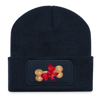 Geschenk-Kauknochen mit roter Schleife - Recycelte Patch Beanie - French Navy - Vorne