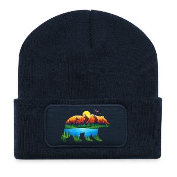 Paysage géométrique des ours des montagnes - Beanie recyclé à patch - bleu marine - Devant