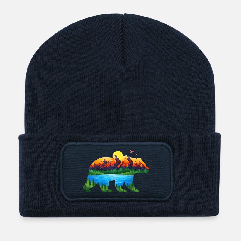 Geometrischer Bergbär Landschaft - Recycelte Patch Beanie - French Navy