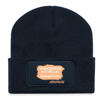 Démangeaisons Auriculaires Ménopause - Beanie recyclé à patch - bleu marine - Devant