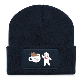 Süße Katze und Kaffeetasse High Five - Recycelte Patch Beanie - French Navy - Vorne
