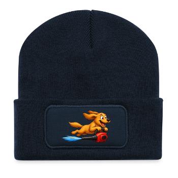 Hund fliegt mit Blattbläser-Jetpack - Recycelte Patch Beanie - French Navy - Vorne