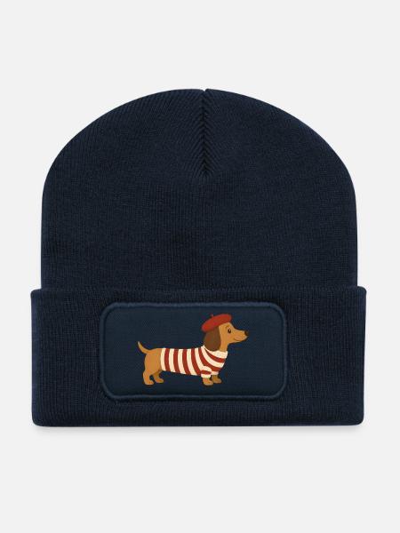 Süßer Dackel mit Baskenmütze im französischen Stil - Recycelte Patch Beanie - French Navy