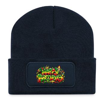 Herzlichen Glückwunsch zum Geburtstag Graffiti Rasta: Nur gute Stimmung! - Recycelte Patch Beanie - French Navy - Vorne