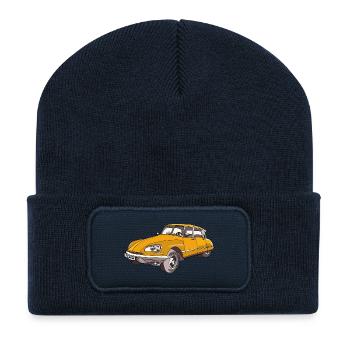 Gelber Vintage Wagen Illustration - Recycelte Patch Beanie - French Navy - Vorne