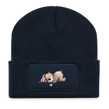 Droll Brown Bear dort et rêve - Beanie recyclé à patch - bleu marine - Devant