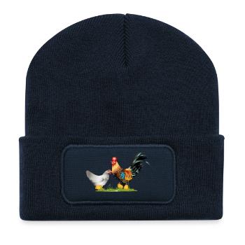 stately rooster with hen and chick offspring - Recycled Patch Beanie - french navy - Front