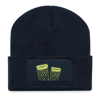 Leuchtendes Apfelweingläser Motiv in Neonfarben - Recycelte Patch Beanie - French Navy - Vorne