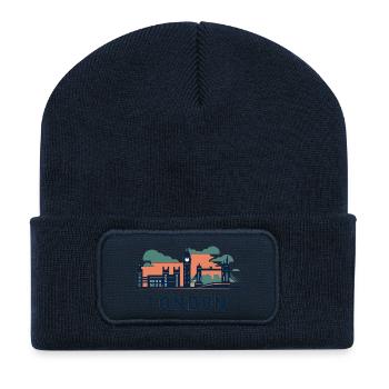 London Skyline Sonnenuntergang Retro - Recycelte Patch Beanie - French Navy - Vorne