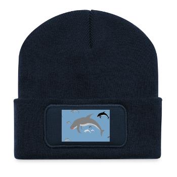 Delfinenschwarm Blaues Meer - Recycelte Patch Beanie - French Navy - Vorne