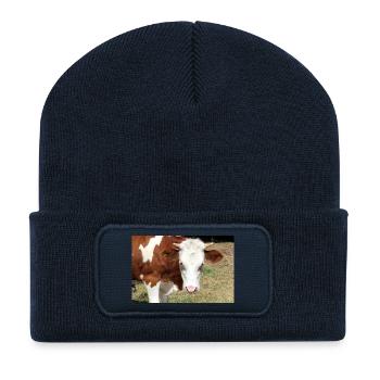 Affiche de vache - Beanie recyclé à patch - bleu marine - Devant