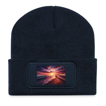 Affiche Peinture Coucher de soleil sur la plage - Beanie recyclé à patch - bleu marine - Devant