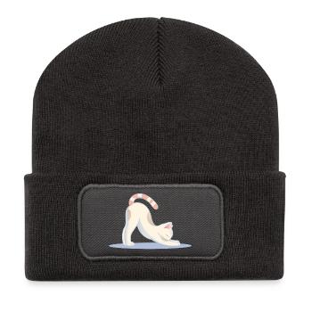 süße Katze in der klassischen Yoga Dehnpose - Recycelte Patch Beanie - Dunkelgrau - Vorne