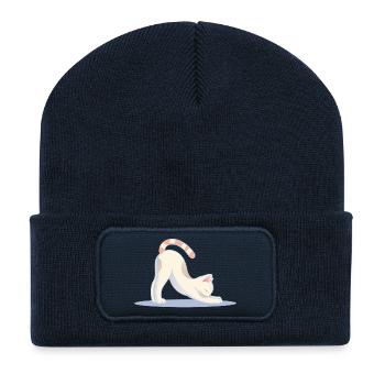 chat mignon dans une pose d’étirement de yoga classique - Beanie recyclé à patch - bleu marine - Devant