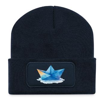 Paper Boat Watercolor - Recycled Patch Beanie - french navy - Front