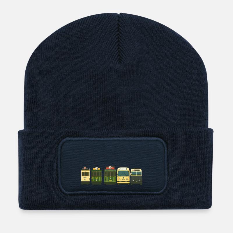 Wagons de train illustrés dans le style vintage - Beanie recyclé à patch - bleu marine