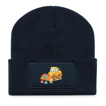 Excavatrice ludique avec des blocs de construction colorés - Beanie recyclé à patch - bleu marine - Devant