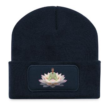 Man meditating on open lotus flower - Recycled Patch Beanie - french navy - Front