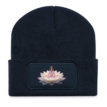 Woman meditating on open lotus flower - Recycled Patch Beanie - french navy - Front