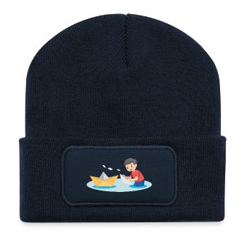 Jeu de bateau en papier - Beanie recyclé à patch - bleu marine - Devant