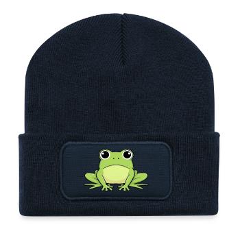 Fröhlicher Frosch Cartoon Print - Recycelte Patch Beanie - French Navy - Vorne