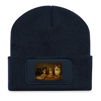 Quatre chats au festin à table - Beanie recyclé à patch - bleu marine - Devant