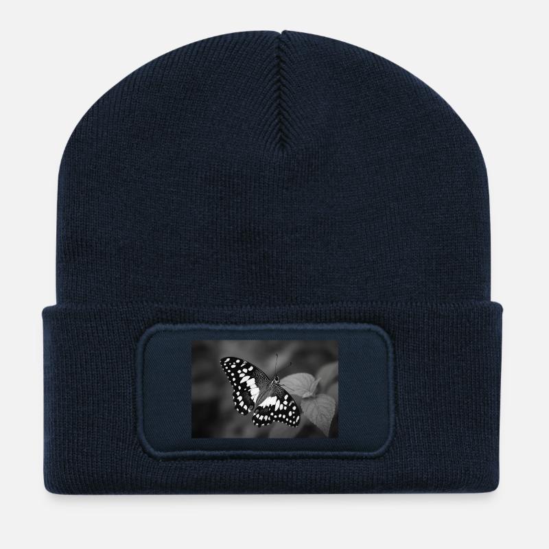 Monochrome butterfly on leaf - Recycled Patch Beanie - french navy