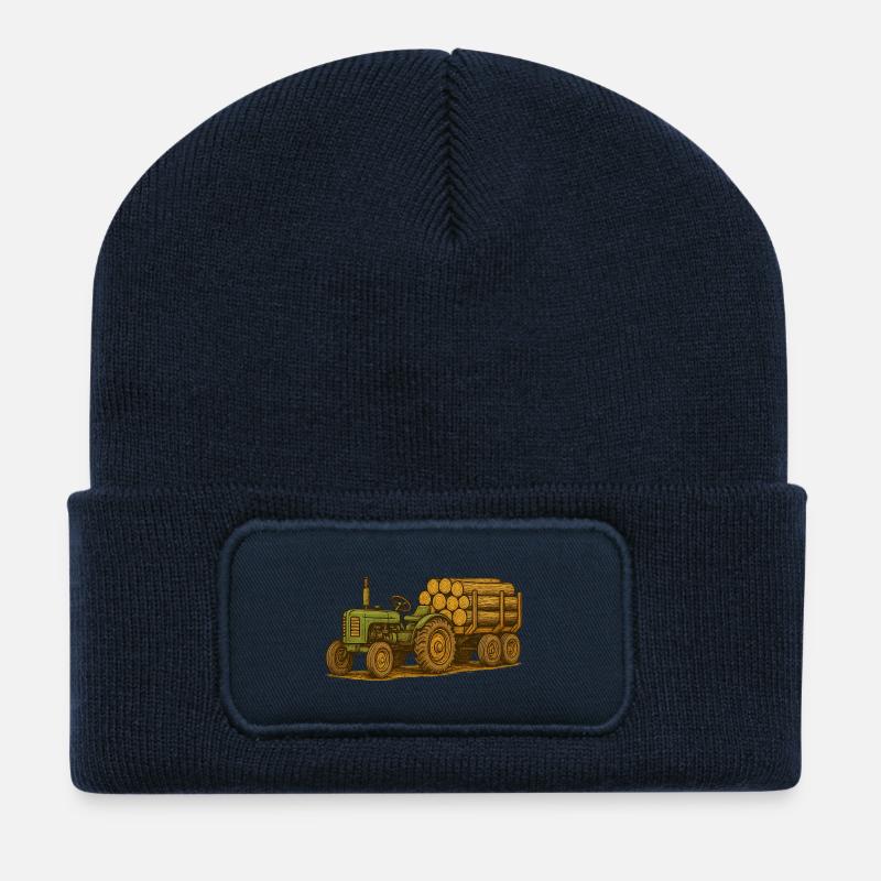 Tracteur vert avec plateau en bois - Beanie recyclé à patch - bleu marine