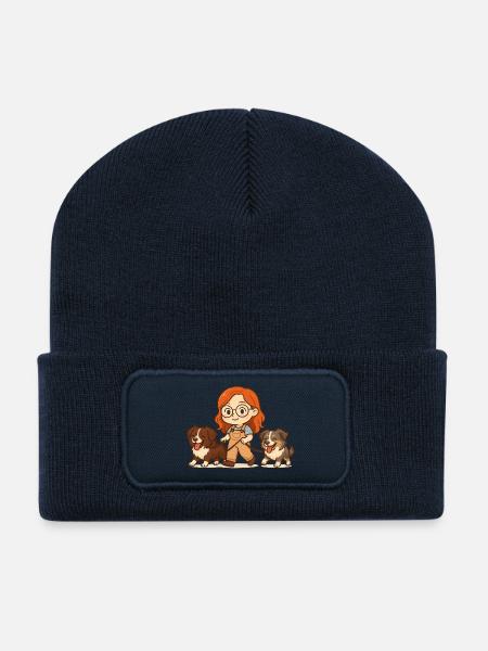 Himmelblau mit Misha und Mond - Recycelte Patch Beanie - French Navy