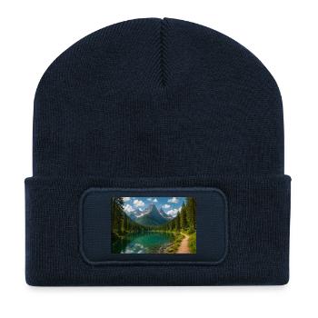 Sentier de lac de montagne dans la forêt - Beanie recyclé à patch - bleu marine - Devant