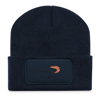 Crevettes, le meilleur – Jeu de mots avec des crevettes gribouillées - Beanie recyclé à patch - bleu marine - Devant
