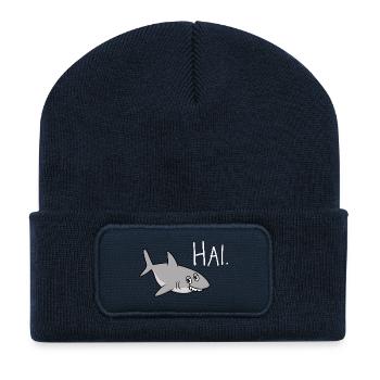 Hai. – Witziges Statement mit lustigem Hai - Recycelte Patch Beanie - French Navy - Vorne
