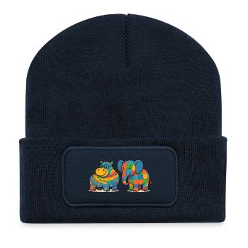 Animaux de compagnie éléphants hippopotames colorés - Beanie recyclé à patch - bleu marine - Devant