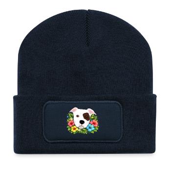 Pitbull American Staffordshire Terrier avec des fleurs - Beanie recyclé à patch - bleu marine - Devant