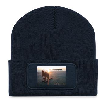Kangaroo on the beach at sunrise - Recycled Patch Beanie - french navy - Front