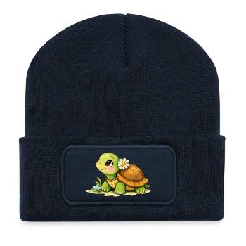 Turtle with Flower Cartoon - Recycled Patch Beanie - french navy - Front