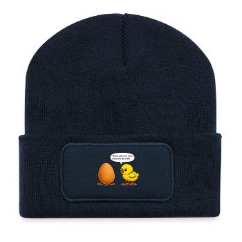 Un poussin qui appelle son pote dans l’œuf, jeu de mots de dessin animé - Beanie recyclé à patch - bleu marine - Devant