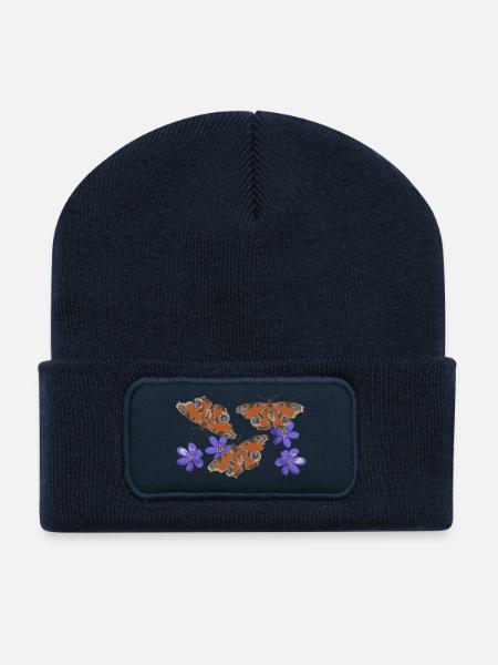 Pfauenauge Schmetterlinge Leberblümchen retro 3 - Recycelte Patch Beanie - French Navy