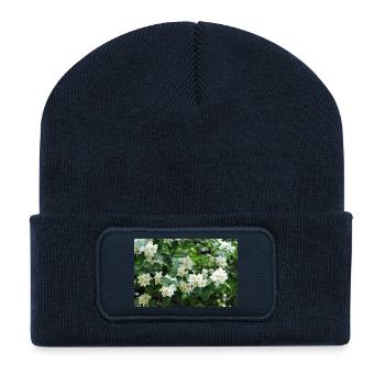 White Garden Jasmin flowers on Green Foliage - Recycled Patch Beanie - french navy - Front